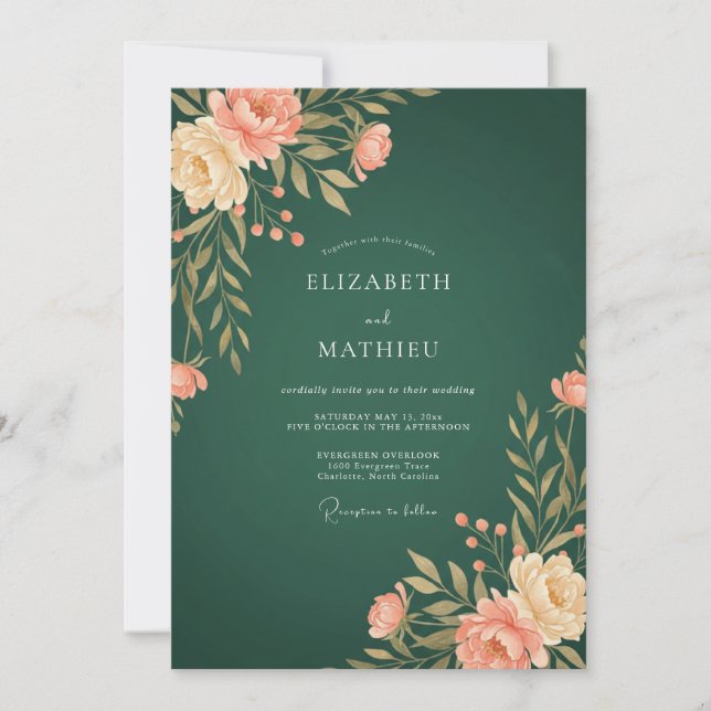 Invitación Boda Botánica de Melocotón Esmeralda (Anverso)
