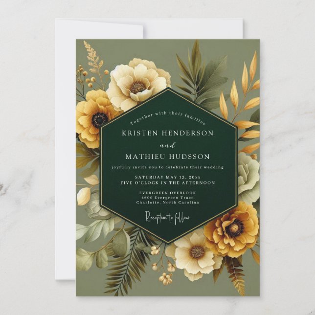 Invitación Boda Botánica de Oro Esmeralda (Anverso)