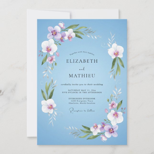 Invitación Boda Botánica de Orquídea Azul Celeste (Anverso)