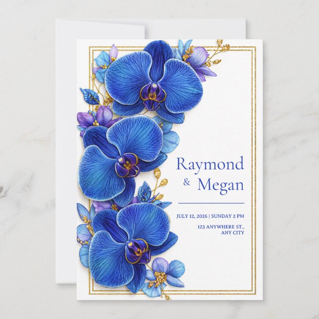 Invitación Boda Botánica de Orquídea Azul Real Dorada (Anverso)