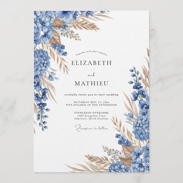 Invitación Boda botánica de otoño azul polvoriento (Anverso)