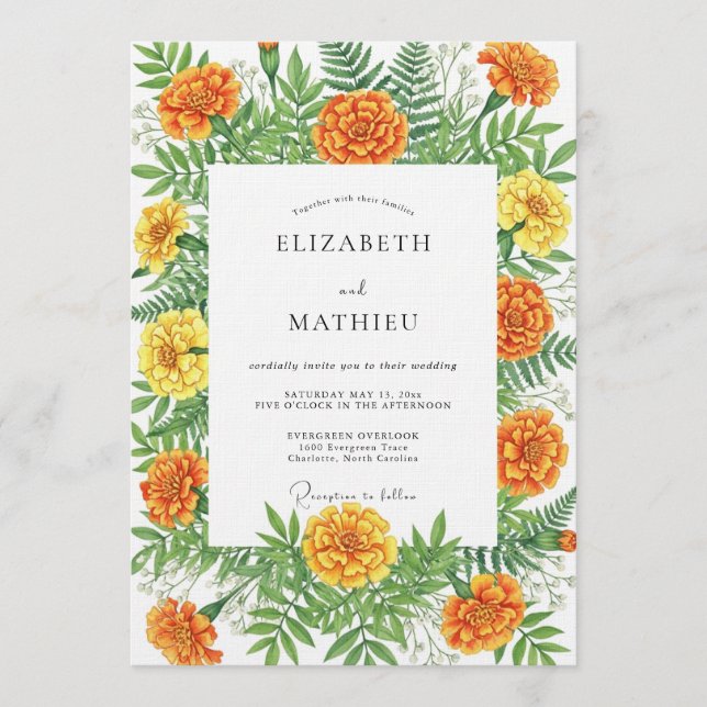 Invitación Boda botánica de otoño con Marigold naranja (Anverso)