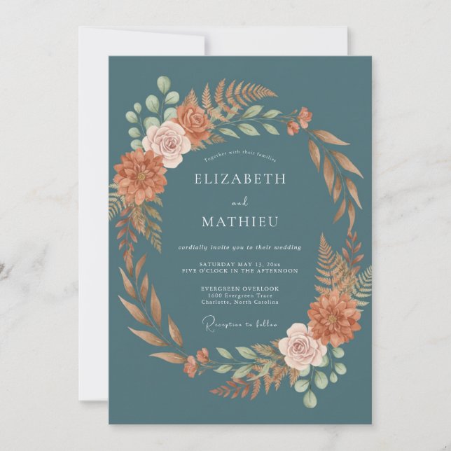 Invitación Boda Botánica de Otoño en Verde Teal (Anverso)