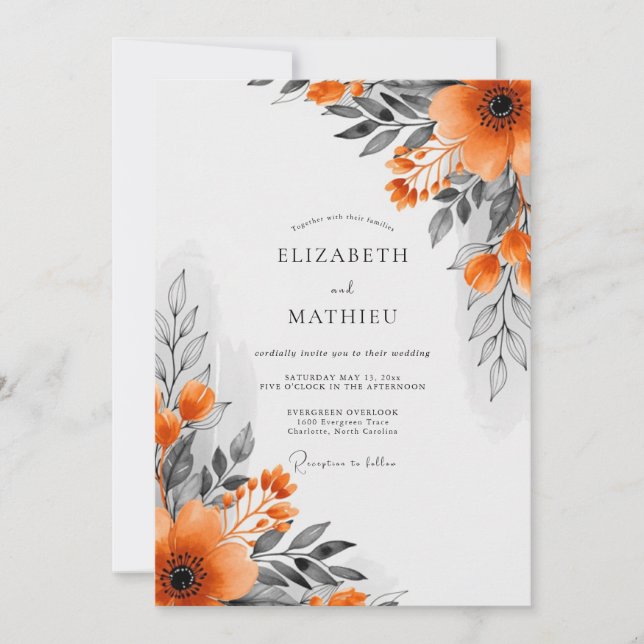 Invitación Boda Botánica de Otoño Naranja Intenso (Anverso)
