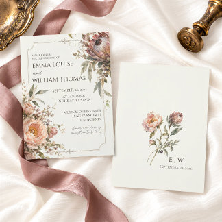 Invitación Boda Botánica de Peonía Melocotón de Patrimonio Mo
