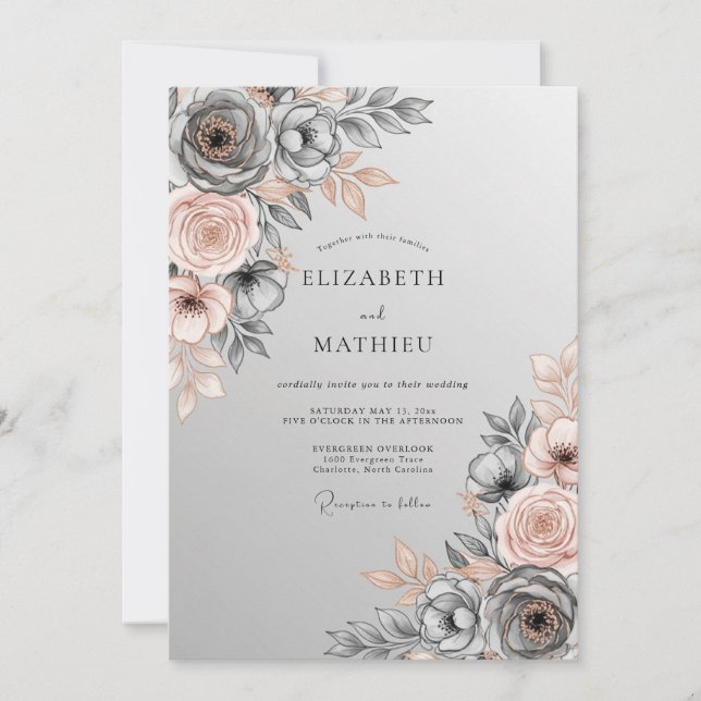 Invitación Boda Botánica de Pizarra Gris Pulida (Anverso)