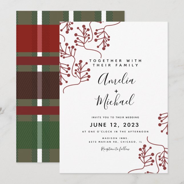 Invitación Boda botánica de plaid y bayas de Navidad (Anverso / Reverso)