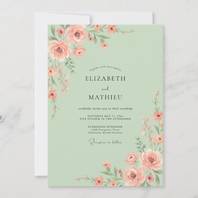 Invitación Boda botánica de primavera con melocotón verde sal (Anverso)