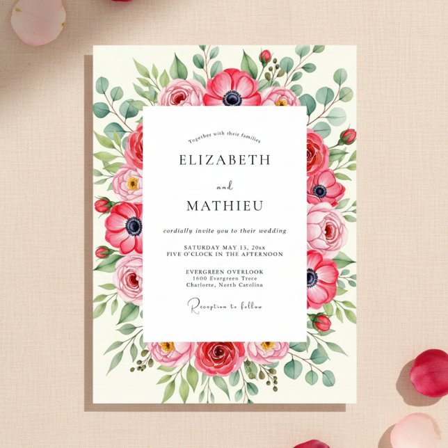 Invitación Boda botánica de primavera rosa rojo (Subido por el creador)