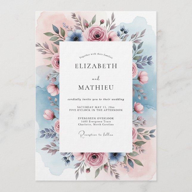Invitación Boda Botánica de Rosa Azul Polvorienta (Anverso)