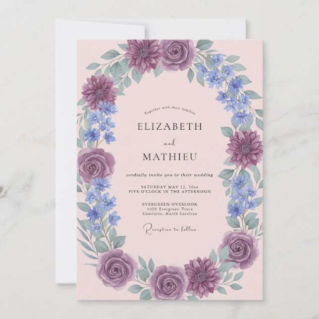 Invitación Boda Botánica de Rosa Ciruela Florece (Anverso)