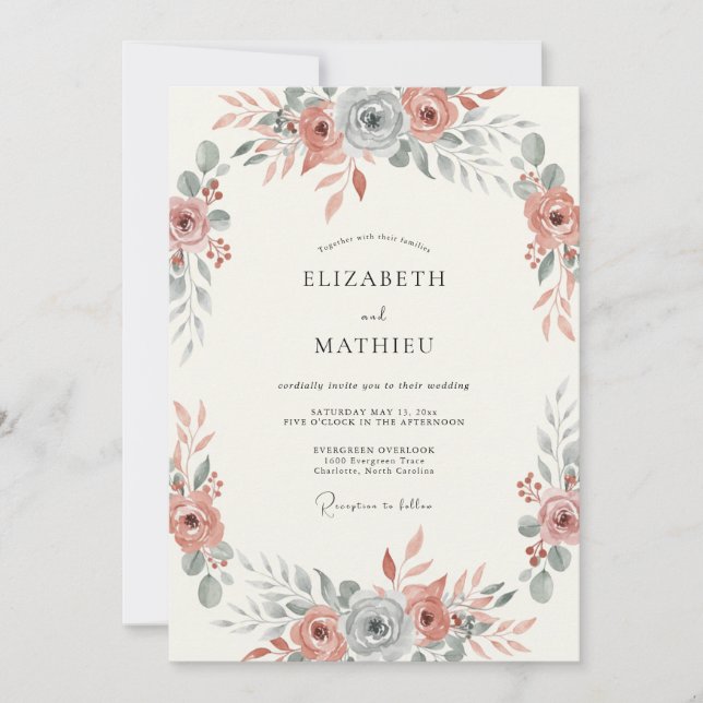 Invitación Boda Botánica de Rosa Suave Pizarra Azul (Anverso)