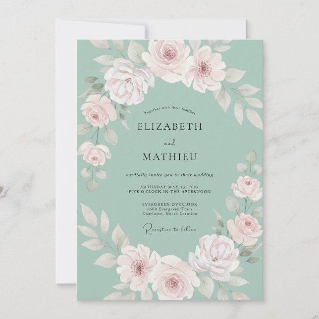 Invitación Boda Botánica de Rosa Suave Verde Salvia (Anverso)