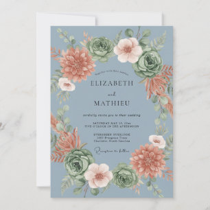 Invitación Boda Botánica de Terracota Azul Acero