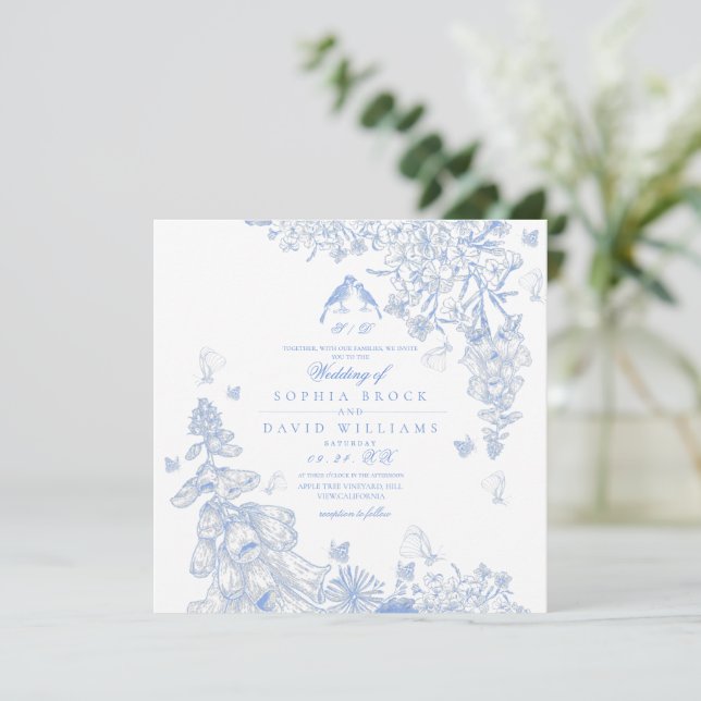 Invitación Boda botánica de toile azul blanco (Anverso de pie)