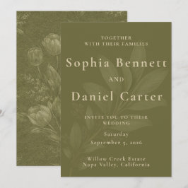 Invitación Boda Botánica de Tulipán Verde Oliva Elegante