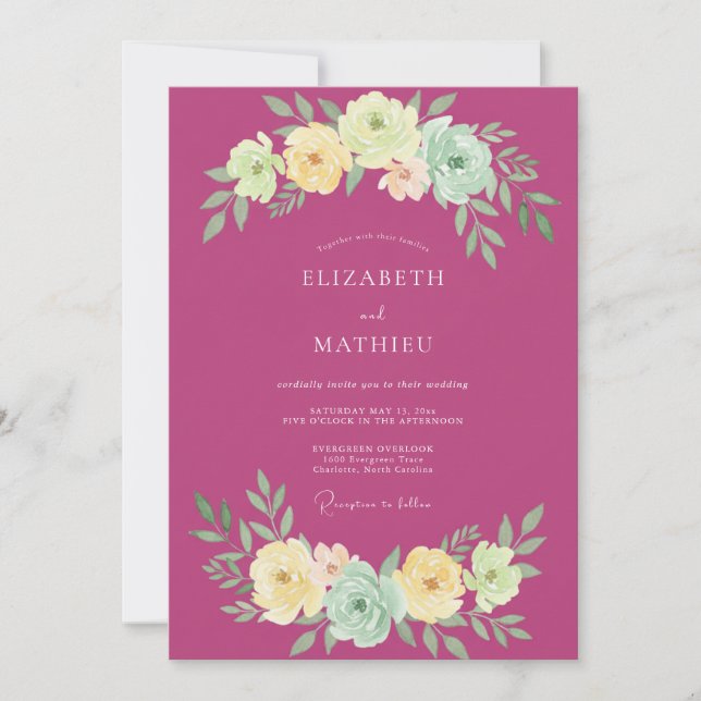 Invitación Boda botánica de verano fucsia elegante (Anverso)