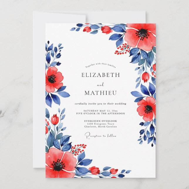 Invitación Boda Botánica de Verano Índigo Rojo (Anverso)