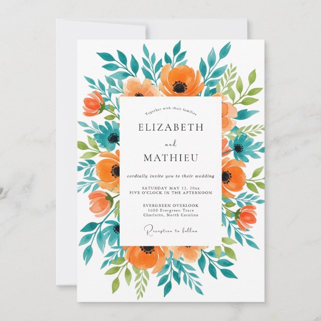 Invitación Boda Botánica de Verano Naranja Sublime (Anverso)