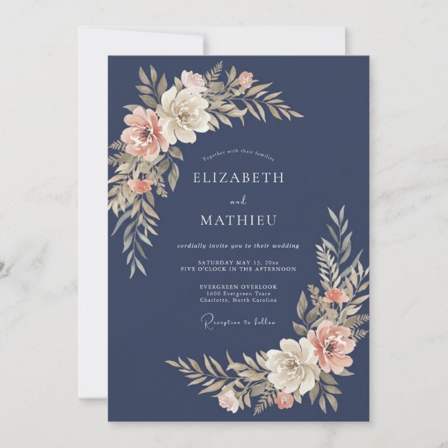 Invitación Boda Botánica Delicada Azul Marino (Anverso)