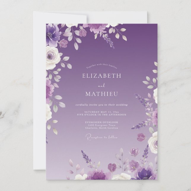 Invitación Boda Botánica Delicada de Amatista (Anverso)