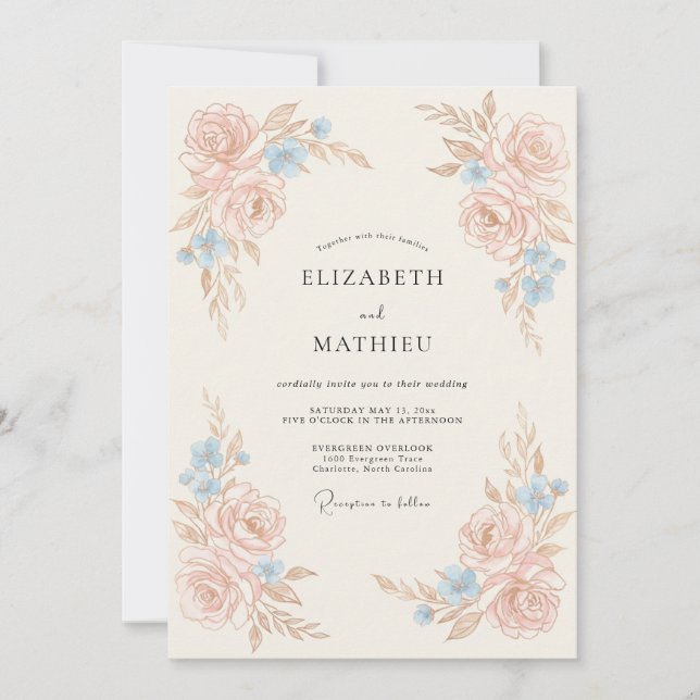 Invitación Boda Botánica Delicada de Melocotón (Anverso)