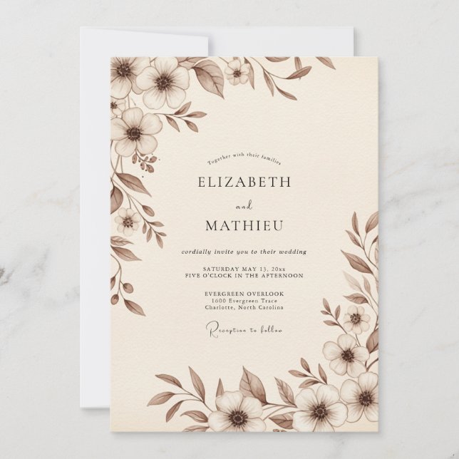 Invitación Boda Botánica Delicada Marrón (Anverso)