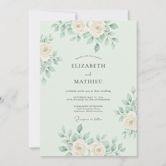 Invitación Boda Botánica Delicada Verde Menta (Anverso)