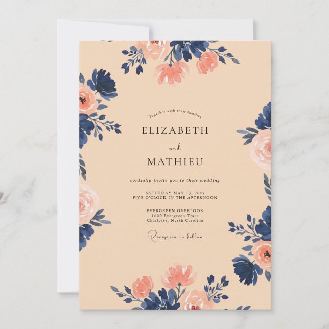 Invitación Boda Botánica Deseo Índigo Melocotón (Anverso)
