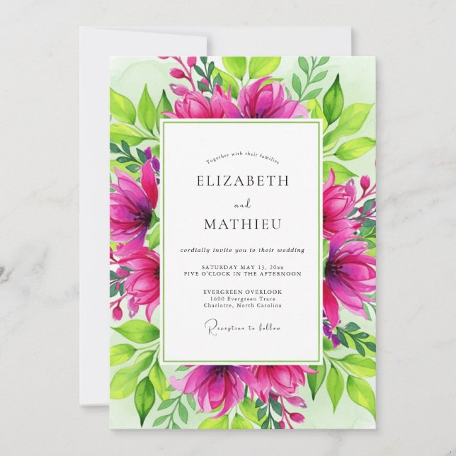 Invitación Boda Botánica Deslumbrante Fuchsia (Anverso)