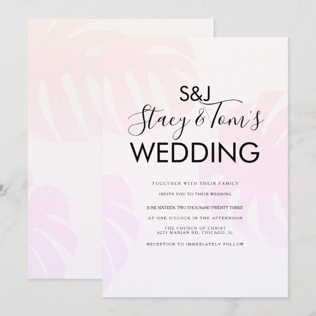 Invitación Boda Botánica Dibujada a Mano Monstera Rosa (Anverso / Reverso)