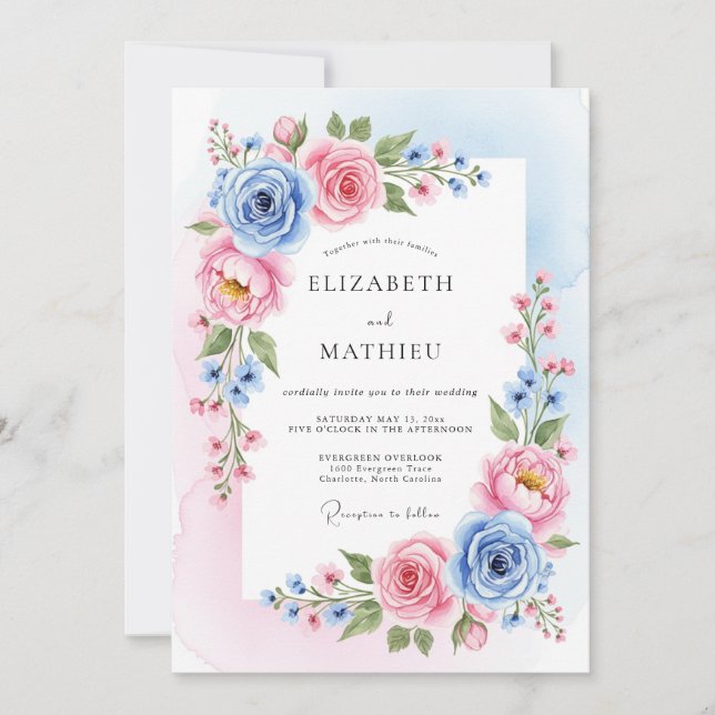 Invitación Boda Botánica Dichosa Cielo Rosado (Anverso)