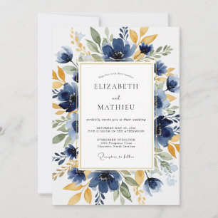 Invitación Boda Botánica Distinguida de Azul Marino