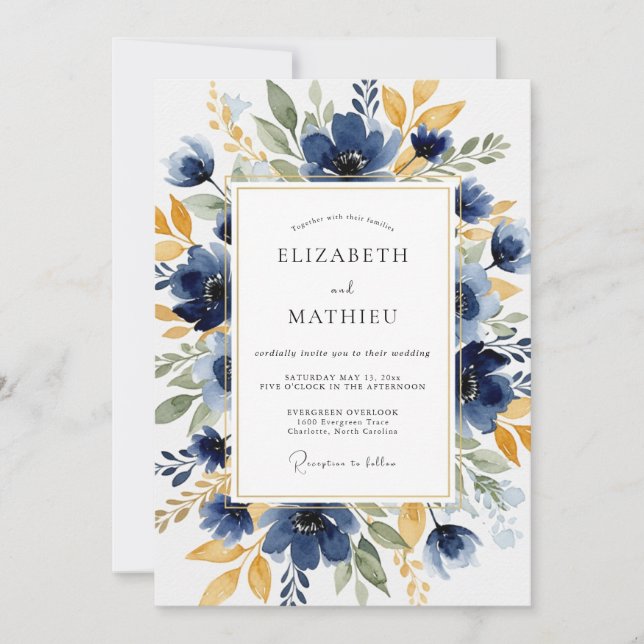 Invitación Boda Botánica Distinguida de Azul Marino (Anverso)