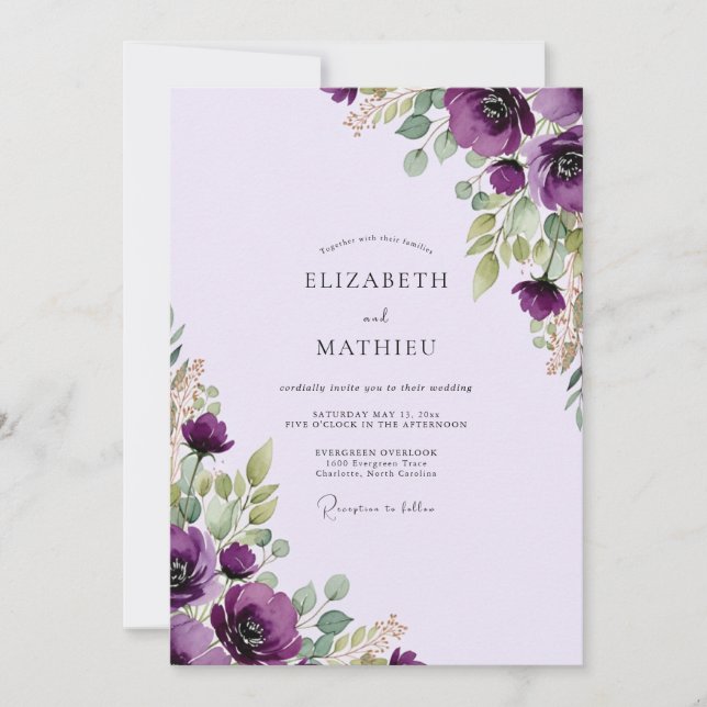 Invitación Boda Botánica Distintiva Morada (Anverso)
