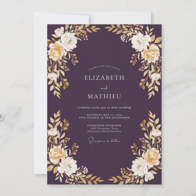Invitación Boda Botánica Dorada Ciruela (Anverso)