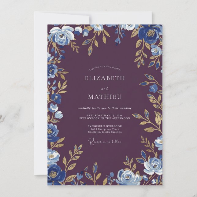 Invitación Boda Botánica Dorada con Ciruelas (Anverso)