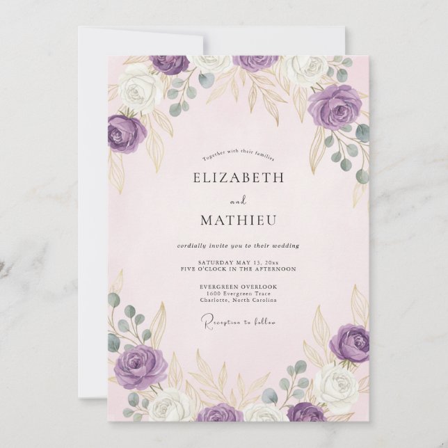 Invitación Boda Botánica Dorada con Lavanda (Anverso)