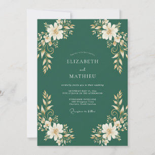 Invitación Boda Botánica Dorada en Verde Cazador