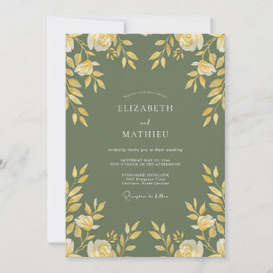 Invitación Boda Botánica Dorada en Verde Salvia