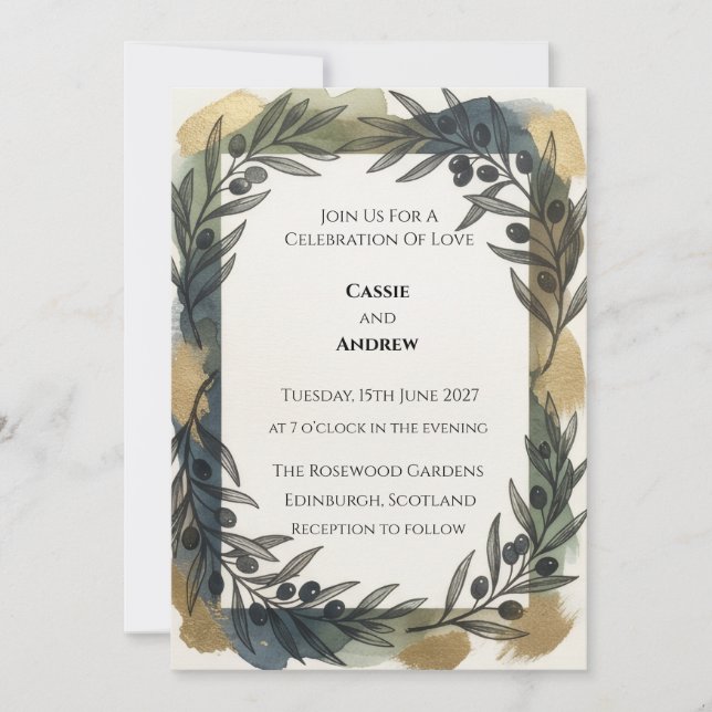 Invitación Boda Botánica Dorada Marina (Anverso)