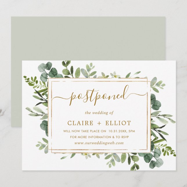 Invitación Boda Botánica Dorada y Verde Aplazada (Anverso / Reverso)