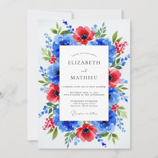 Invitación Boda Botánica Dramática Azul Real (Anverso)