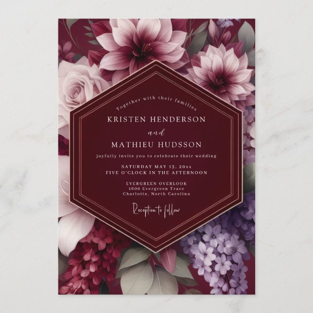 Invitación Boda Botánica Dramática de Borgoña (Anverso)