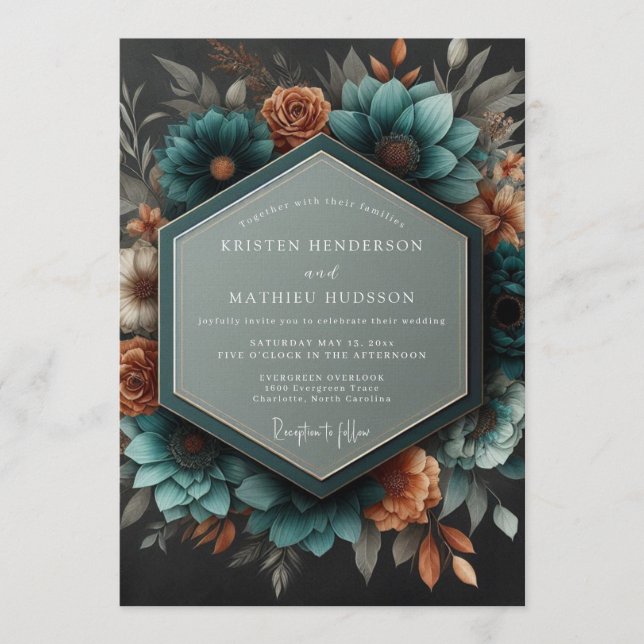 Invitación Boda Botánica Dramática de Cobre Verde (Anverso)