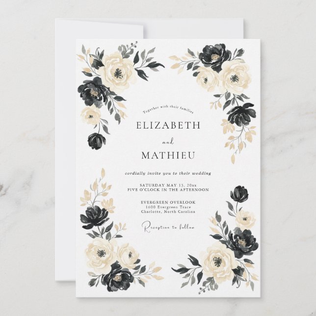 Invitación Boda Botánica Dramática de Crema Negra (Anverso)