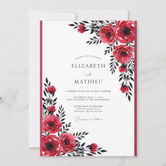 Invitación Boda Botánica Dramática de Rojo Carmesí (Anverso)