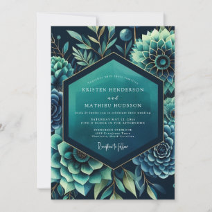 Invitación Boda Botánica Dramática en Verde Azul