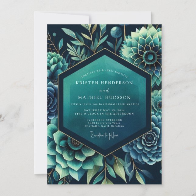 Invitación Boda Botánica Dramática en Verde Azul (Anverso)