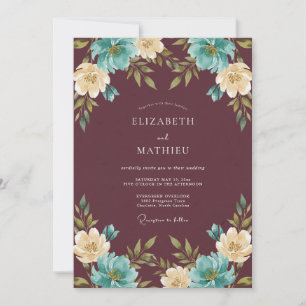 Invitación Boda Botánica Dramática Granate